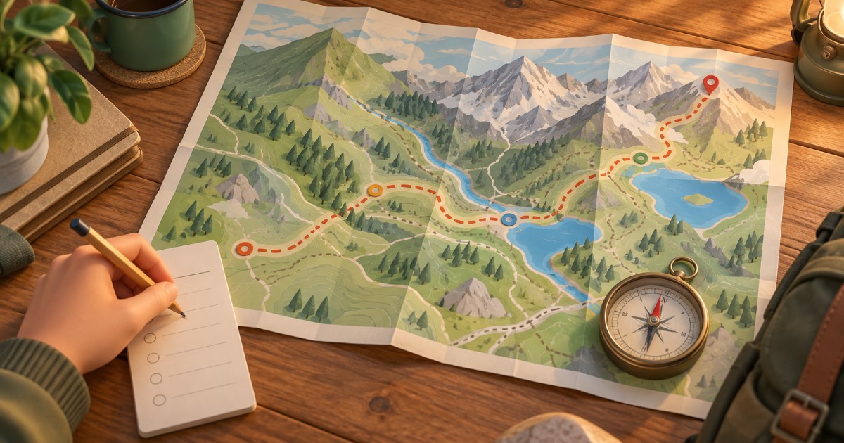 Turistická mapa se zvýrazněnými zastávkami a kompas na dřevěném stole